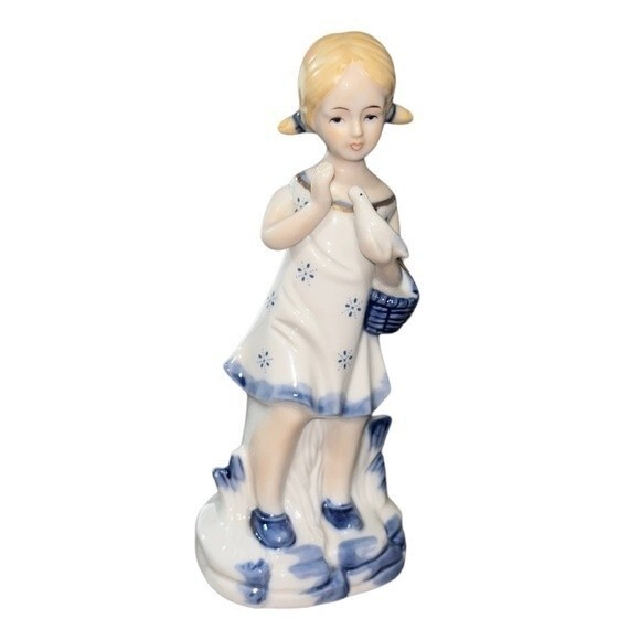 Vintage 1960s Porcelain Hand-painted Figurine Girl in Pigtails w/ Dove & Basket - Picture 3 of 12